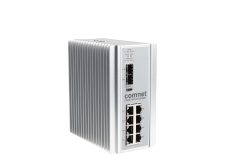 Netzwerkswitch mit acht Ethernet-Ports und zwei Glasfaseranschlüssen, Markenname "comnet" sichtbar.