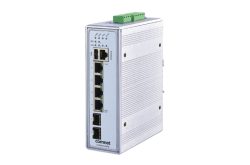 Industrieller Netzwerkswitch mit mehreren Ethernet-Ports und LEDs auf weißem Hintergrund.