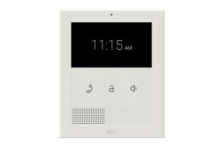 Ein weißes Wand-Intercom mit Uhranzeige "11:15 AM" und Symbolen für Telefon, Schloss und Lautstärke.