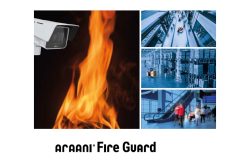 Kamera vor einer Flamme und vier Bilder mit Überwachungsszenen, darunter Einkaufszentrum und Rolltreppen; Text: Araani Fire Guard.
