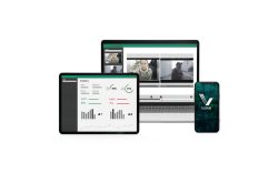 Tablet, Laptop und Smartphone mit einer Benutzeroberfläche zur Überwachung und Analyse, mit Diagrammen und Videostreams.