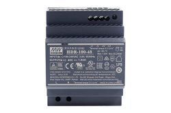 Gehäuse eines Schaltnetzteils mit technischen Spezifikationen und mehreren Anschlussklemmen.