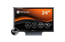Ein schwarzer Neovo-Monitor mit 24-Zoll-Display und Werbegrafik zu Funktionen wie Anti Burn-in und Super Resolution.
