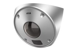 Silberne Überwachungskamera mit einem halbrunden, gewölbten Design und dem Axis-Logo oben.