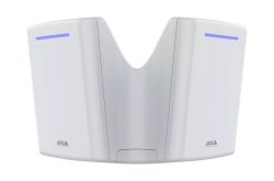 Ein weißer Router mit zwei Flügeln, blauen LED-Leuchten und dem Logo "AXIS" auf den Seiten.