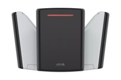 Schwarzes und weißes elektronisches Gerät mit rotem Leuchtstreifen und dem Aufdruck "Axis" unten.