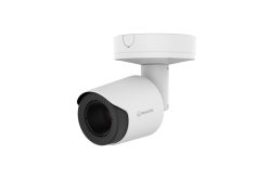 Weiße Überwachungskamera mit zylindrischem Gehäuse, montiert an einer Halterung, mit dem Logo "Hanwha".