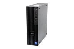 Schwarzer Tower-Computer mit vertikalen Lüftungsschlitzen und mehreren USB-Anschlüssen auf der Vorderseite.