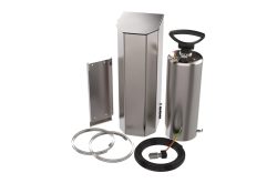 Metallbehälter mit Handgriff, Kabeln und Befestigungsplatte, möglicherweise ein technisches Gerät oder Zubehör.