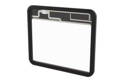 Ein rechteckiger schwarzer Rahmen mit einem transparenten Mittelteil und einer Metalleinlage im oberen Bereich.