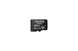 Schwarze microSD-Karte von SanDisk mit 256 GB Kapazität und Aufschrift "Video".