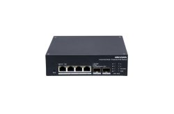 Ein schwarzer, industrieller Solar-PoE-Switch mit mehreren Ethernet-Ports und einer klaren Markenbeschriftung.
