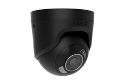 Schwarze Überwachungskamera mit dem Logo "AJAX", runde Form mit integriertem Objektiv und zwei LEDs.