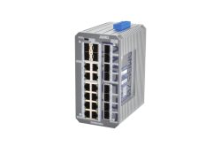 Industrieller Ethernet-Switch mit mehreren Netzwerkanschlüssen und robuster Bauweise, Markenname AMG sichtbar.