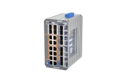 Industrieller Netzwerkswitch mit mehreren Ethernet-Ports und robustem, grauem Gehäuse.