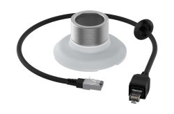 Ein rundes elektronisches Bauteil mit Kabel und Ethernet-Stecker, ideal zur Integration in Netzwerksysteme.