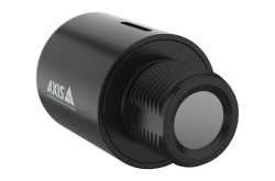 Schwarze zylindrische Kamera mit AXIS Communications Logo, sichtbare Linse und geripptem Bereich.