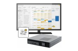 Ein Flachbildschirm zeigt eine Schulplanungssoftware; darunter ein kleiner, schwarzer Computer.