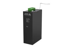 Schwarzes Netzwerkgerät von Axis Communications mit grüner Verkabelung und Aufschriften „ALARM“, „PWR 1“, „PWR 2“, „PoE“.