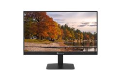 Ein Monitor zeigt eine herbstliche Seelandschaft mit bunten Bäumen und einem Steg unter bewölktem Himmel.