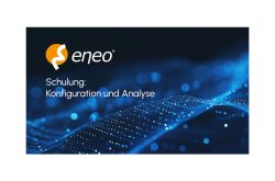 Eneo-Logo mit Text "Schulung: Konfiguration und Analyse" auf einem abstrakten blauen Hintergrund.