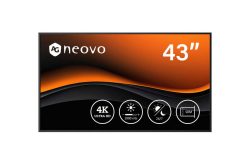 Ein 43-Zoll-4K-Ultra-HD-Bildschirm von AG Neovo mit Grafiken, die 1000 Nits Helligkeit und 24/7-Betrieb zeigen.