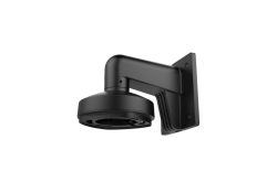 Schwarze Wandhalterung mit gewinkeltem Arm und runder Basis zum Anbringen von Geräten.