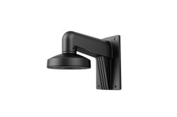 Schwarze Wandhalterung mit kurzem Arm und rundem Montageende, geeignet für elektronische Geräte oder Kameras.