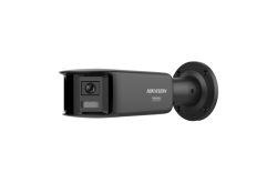Eine schwarze Überwachungskamera von Hikvision, seitlich an einer Wandhalterung montiert.