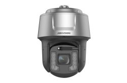 Eine silberne Sicherheitskamera der Marke Hikvision mit einem robusten Gehäuse und mehreren LEDs um das Objektiv.