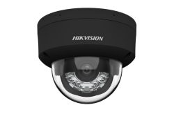 Schwarze Überwachungskamera von Hikvision mit kuppelförmigem Design und sichtbarem Objektiv.