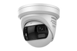 Weiße Überwachungskamera von Hikvision mit kugelförmigem Gehäuse und Sichtfenster für die Linse.