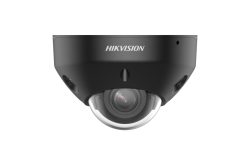 Schwarze Überwachungskamera von Hikvision mit einer durchsichtigen Kuppel, frontal betrachtet.