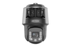 Überwachungskamera von Hikvision mit mehreren Linsen und LED-Leuchten zur Videoüberwachung.