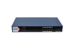 Ein Netzwerk-Switch von Hikvision mit mehreren Ethernet-Anschlüssen und einem blauen Gehäuse.