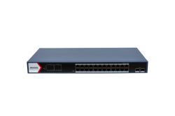 Ein Netzwerk-Switch mit 24 Ethernet-Ports und zusätzlichen optischen Anschlüssen auf der Vorderseite.