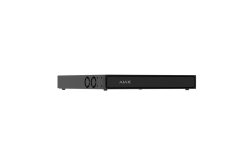 Schwarze AJAX-Soundbar mit Lautsprechergitter und Bedienknöpfen an der Vorderseite