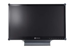 Schwarzer Neovo-Monitor mit ausgeschaltetem Bildschirm und Standfuß