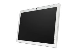 Weißer Tablet-Computer mit schwarzem Bildschirm, Frontkamera und seitlichen Bedientasten