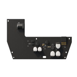 Eine schwarze elektronische Platine mit mehreren Kondensatoren, Anschlüssen und einem Transformator.