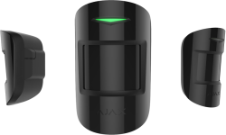 Ein schwarzer Bewegungsmelder mit LED-Anzeige und dem Aufdruck "AJAX" in Vorder- und Seitenansicht.