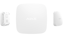 Drei weiße elektronische Geräte mit dem Schriftzug "AJAX" in der Mitte.