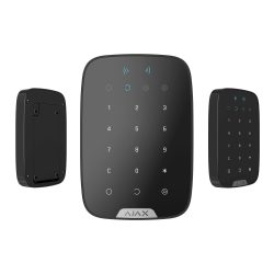 Schwarze Alarmanlagen-Tastatur mit numerischem Tastenfeld und blauen Symbolen, aus drei Blickwinkeln gezeigt.