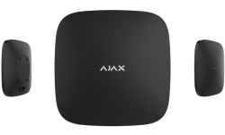 Ein schwarzes Gerät mit der Aufschrift "AJAX" in der Mitte mit seitlichen Ansichten, vermutlich ein elektronisches Sicherheitsgerät.