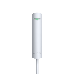 Ein schlanker, weißer Sensor mit einem kleinen grünen Licht an der Oberseite, Text "AJAX" ist unten sichtbar.