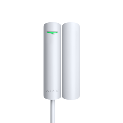 Weißer zylindrischer Sensor mit LED-Leuchte und Anschlusskabel, daneben ein gleichgroßer zylindrischer Magnet.