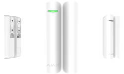 Weißer, zylinderförmiger, drahtloser Tür- oder Fenstersensor mit grünem Licht oben, mit seitlicher Detailansicht.
