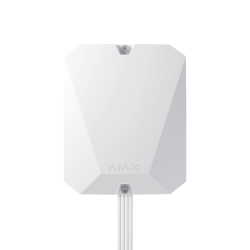 Weißer Ajax-Sensor mit achteckiger Form und Kabelanschluss an der Unterseite.