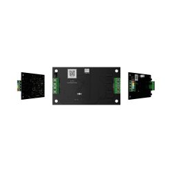 Elektronische Schaltplatine mit mehreren Anschlüssen und schwarzen Kunststoffgehäusen in verschiedenen Perspektiven dargestellt.