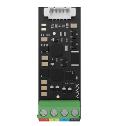Elektronische Platine mit mehreren Komponenten und Anschlüssen, darunter farbcodierte Anschlüsse und "Ajax"-Schriftzug.